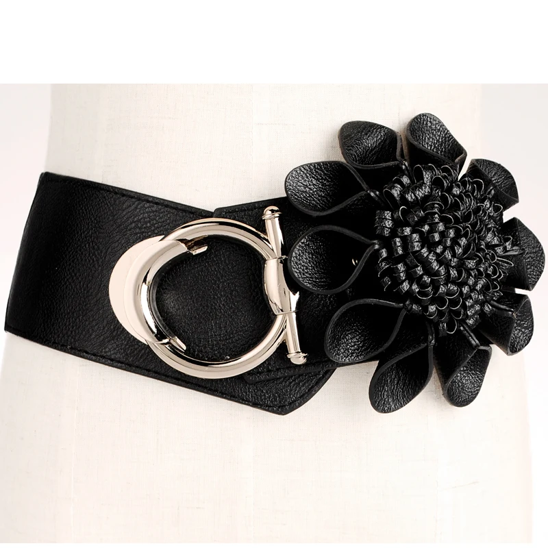 H3275 Black Waistband Ladies Elastic Wide PU Leather Waist Belt Women Korean Simple All-match Flower Casual Fashion Waist Seal