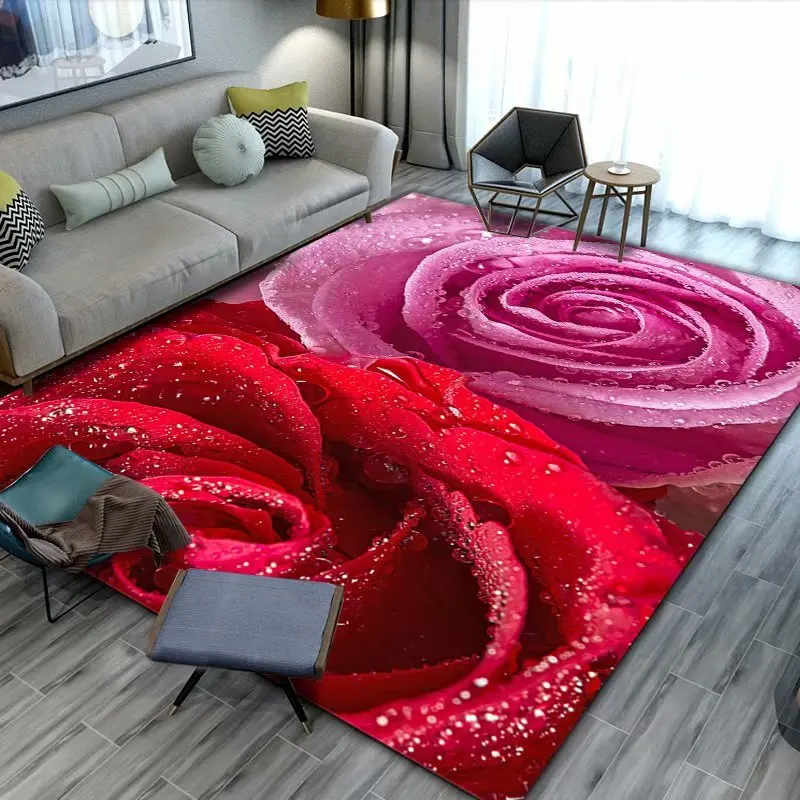 

3D Red/Pink Rose Flower Carpet Wedding Bedroom Decorate Area Rugs Modern Home Mat Valentine's Day Large Carpets for Living Room