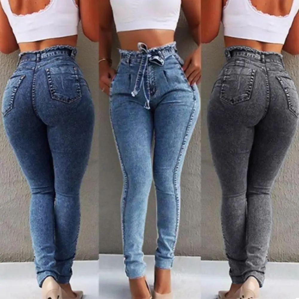 Plus Size Jeans Woman Belted High Waist Skinny Denim Jeans Pants for Women Sexy Denim Pencil Pants Trouser Jeans джинсы женские