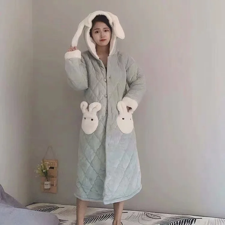 Winter Plus Cotton Thicker Home Pajamas Female Cute Cartoon Fruit Green Nightgown Hooded Warm Pajamas Solid Color Suit