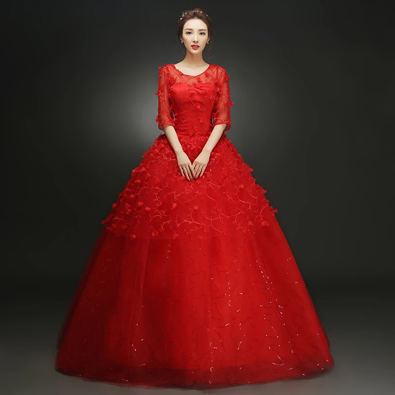 Anxin sh flor vermelha vestido de casamento do vintage o pescoço flor laço meia manga ilusão princesa laço vermelho vestido de casamento vermelho