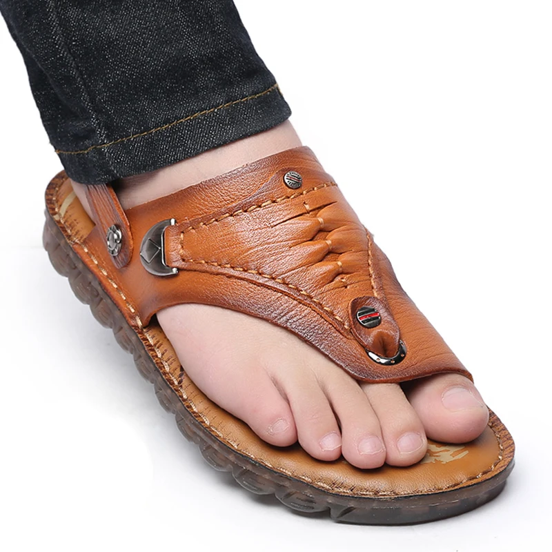 Summer Genuine Leather Sandals Men's Soft Bottom Wear-Resistant Dual use Slippers  flip flops men beach shoes big size 45 46