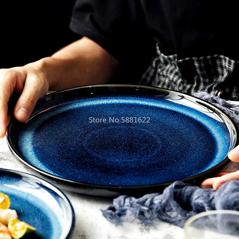 Japanese Kiln Glaze Deep Blue Dinner Plates 8inch 10inch Dishes Steak Platter