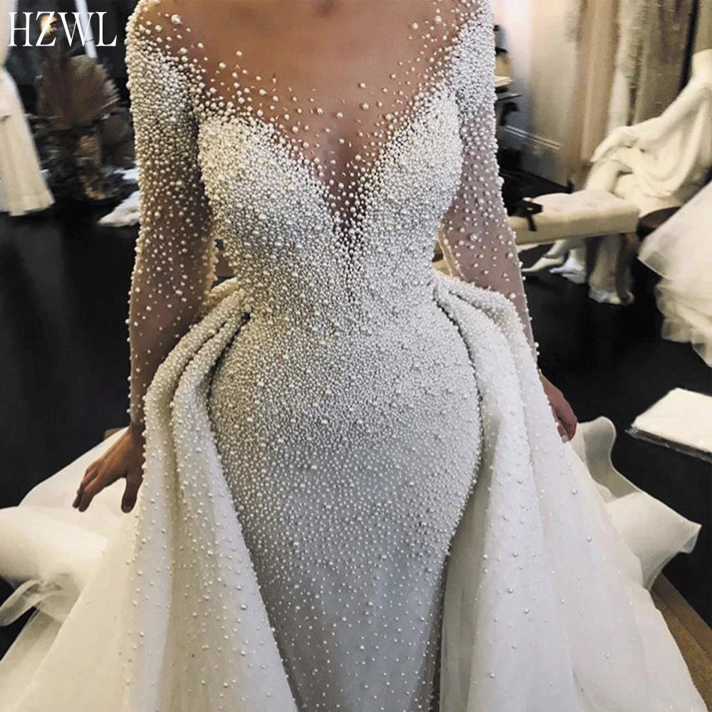 

luxury wedding dresses 2020 detachable skirt peals beaded long sleeve elegant wedding gown vestido de noiva