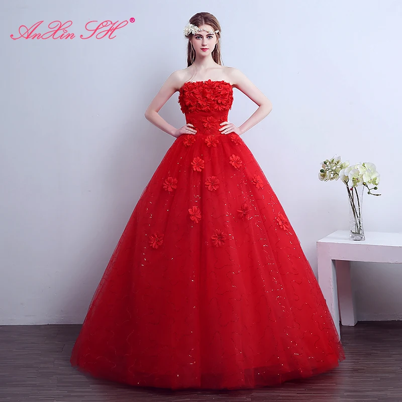 AnXin SH flower lace red princess sparkly bride strapless littler flower vintage white ball gown customized wedding dress