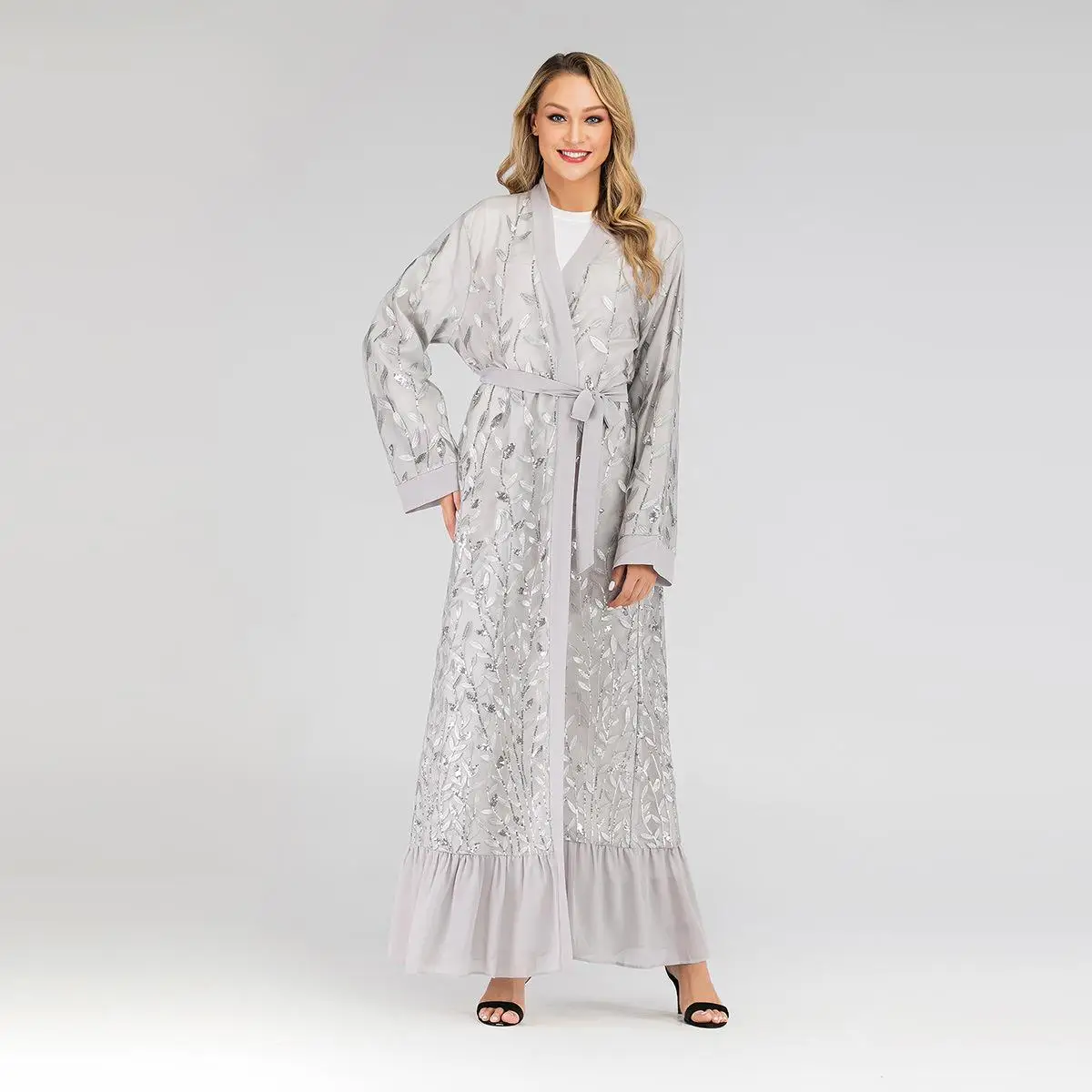 Dubai Lace Abaya Open Kaftan Embroidery Long Cardigan Dress Muslim Women Robe Robe Gown Draped Design Patchwork Arab Islamic