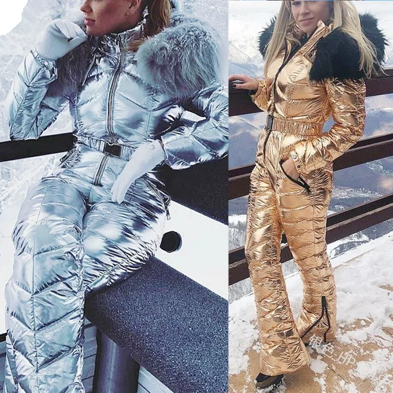 New Shiny Silver Gold One-Piece Ski Suit Women Winter Windproof Skiing Jumpsuit Snowboarding Suit Female Snow Costumes