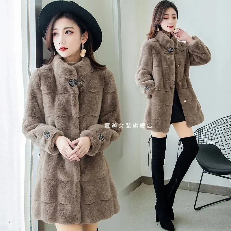 2022 Autumn/Winter Female New High-end Waist Slim Eleghant Thicken Mid-length Faux Fur Jacket Danish Mink Velvet Coat Women A7