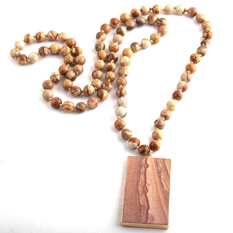 RH Fashion Bohemian Tribal Jewelry Natural Stones Long Knotted AB Rectangle Stone Pendant Necklaces