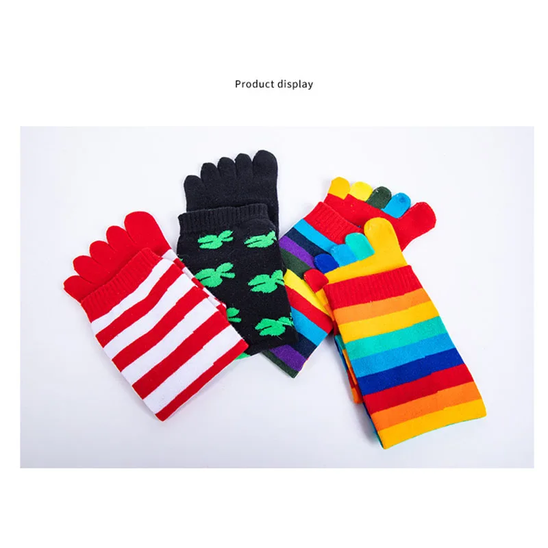 Bunte Wadensocken, lange Zehensocken, modische Regenbogen-Streifen-Kleeblatt-Print Happy Sock für Damen und Mädchen, Fünf-Finger-Baumwollsocken, Geschenk – Detail 5