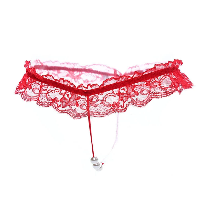 Women Sexy Lace Panties Open Crotch Thong G-Strings with Pearl Massage Bead Crotchless Erotic Underwear for Sex Lingerie Toys