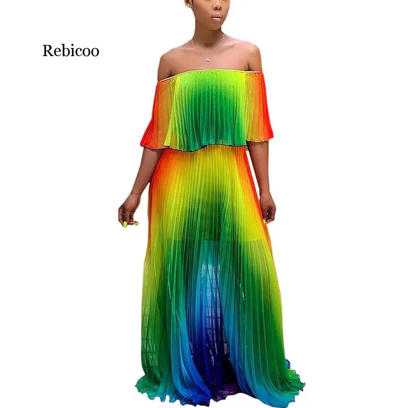 Rebicoo plissado chiffon feminino verão vestido de praia boho arco-íris gravata corante impressão grande swing strapless plissado longo midi maxi vestido