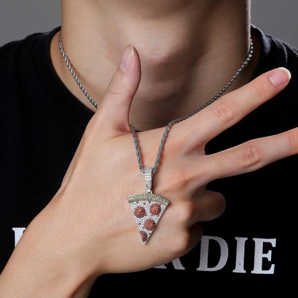 TOPGRILLZ Iced Out Pizza Pendant&Necklace Copper Gold Silver Color Micro Paved Cubic Zircon Hip Hop Jewelry Gift For Men