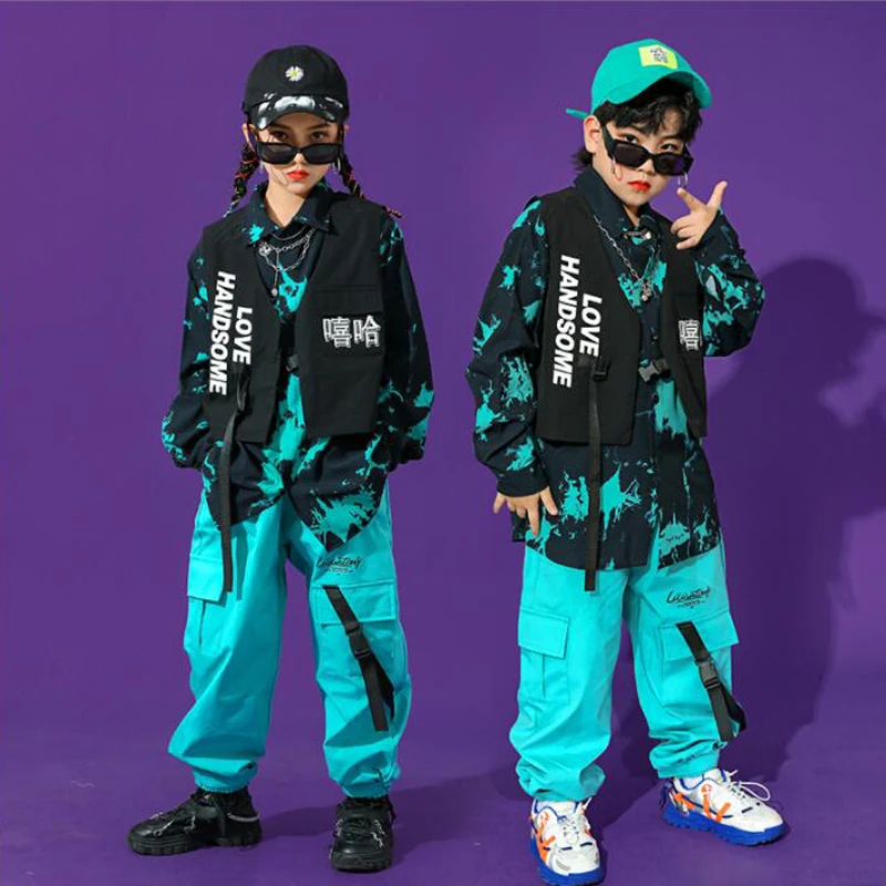 Kids Kpop Hip Hop Clothing Print Shirt Tops Sleeveless Jacket Streetwear Blue Cargo Pants for Girl Boy Dance Costume Clothes