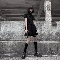 Goth Dress Punk Gothic Harajuku Summer Black Mini Shirt Dress Women 2023 Short Sleeve Super Cool Sexy Short Dress