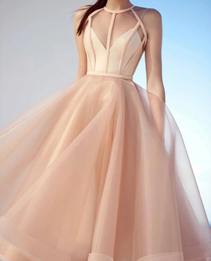 Elegant Champagne Length Cocktail Ruffles A Line Prom Formal Dresses Abendkleider вечерние платья robe de soirée de mariage