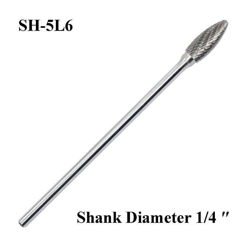 

SH-5L6 Tungsten Carbide Burr Long Shank Flame 1/4" 6mm Rotary Lengthened File Flame Shape Double Cut for Die Grinder Drill Bit