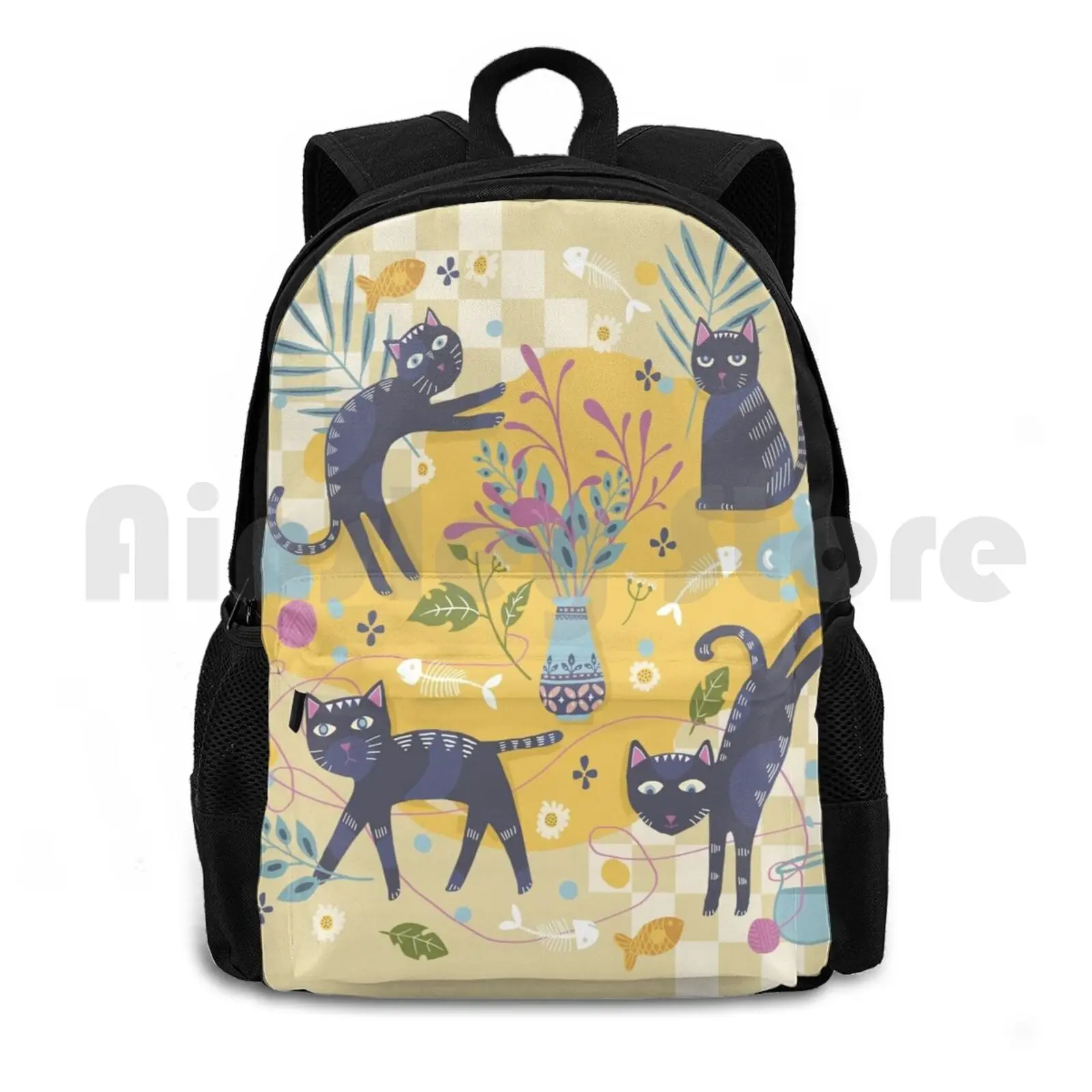 

Bali Black Cats Flowers Outdoor Hiking Backpack Waterproof Camping Travel Cat Cats Black Yellow Play Flowers Floral Fish Bone
