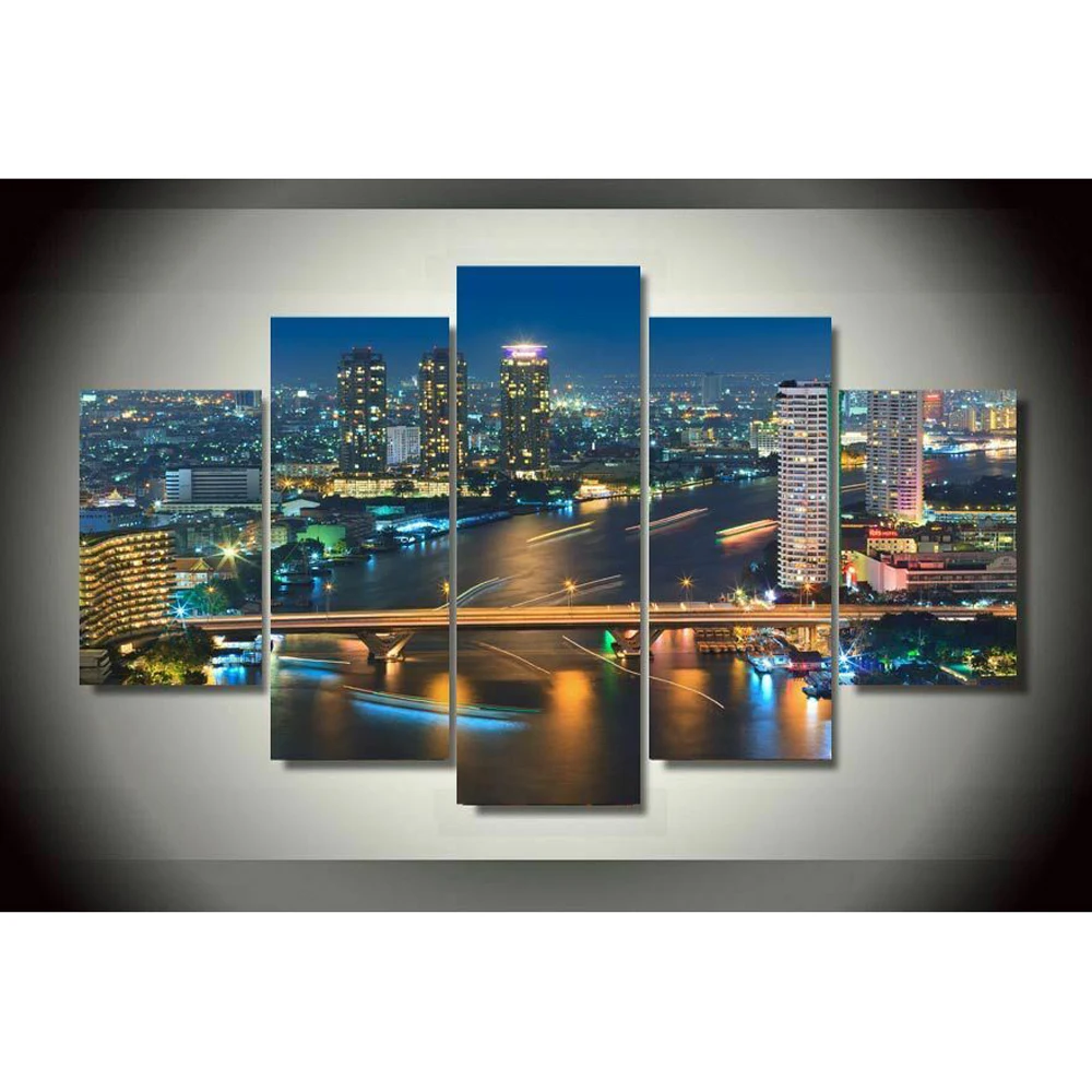 

5 Pieces Bangkok Thailand Cityscape Modular Cuadros Paintings Wall Art Framework Home Decor Canvas Pictures Posters Decoration