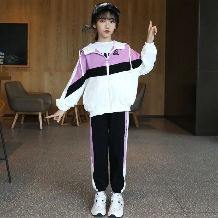 Girls Clothes Sets Hooded Long Sleeve Jacket+Pants Sports Suit striped Set Teen Girl Tracksuits 4 6 8 10 12 Years