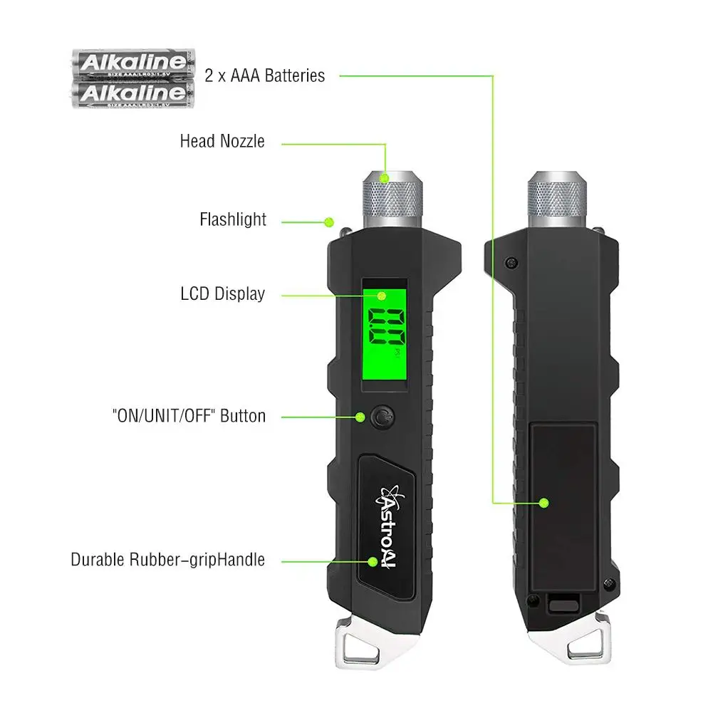 Manómetro Digital de presión de neumáticos, 230 PSI, 4 ajustes, resistente, antideslizante, para coche, camión, Moto, bicicleta, con linterna LCD