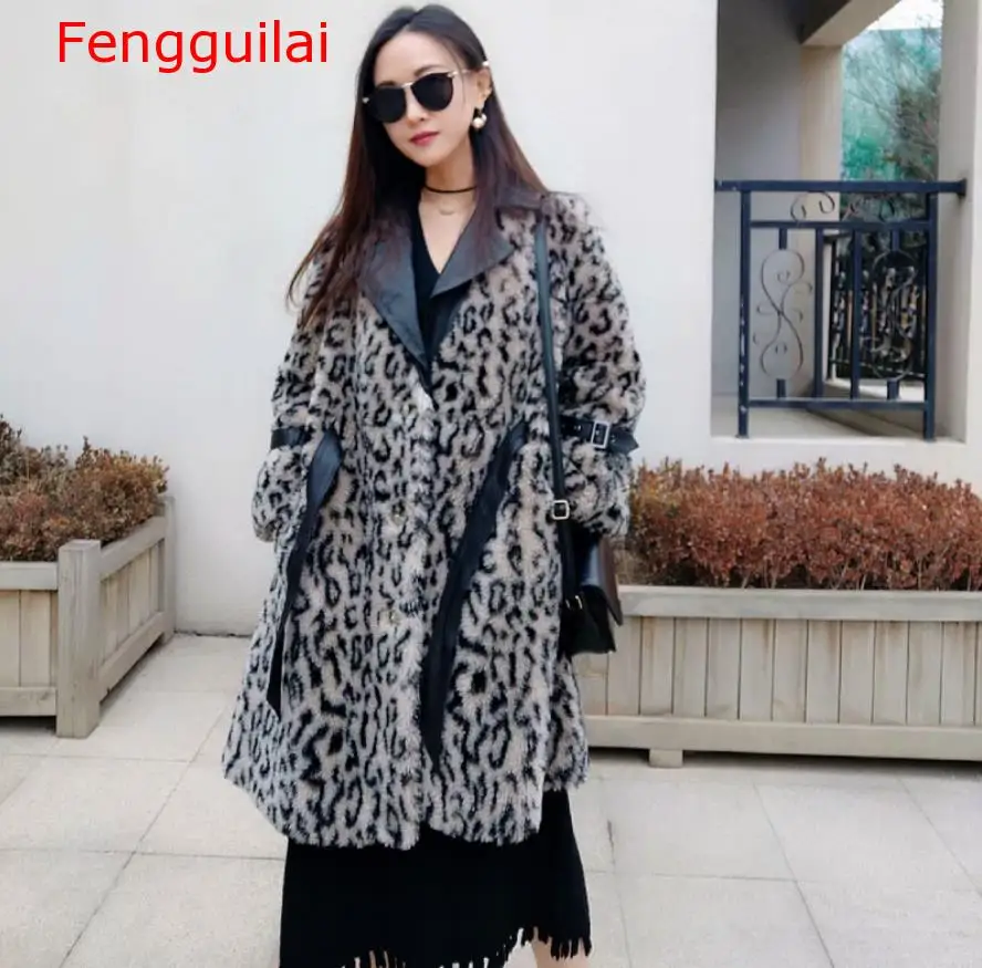 Winter luxurious Leopard faux fur coats jackets stand collar casual winderbreaker female thick fur outwear fake fur colthes