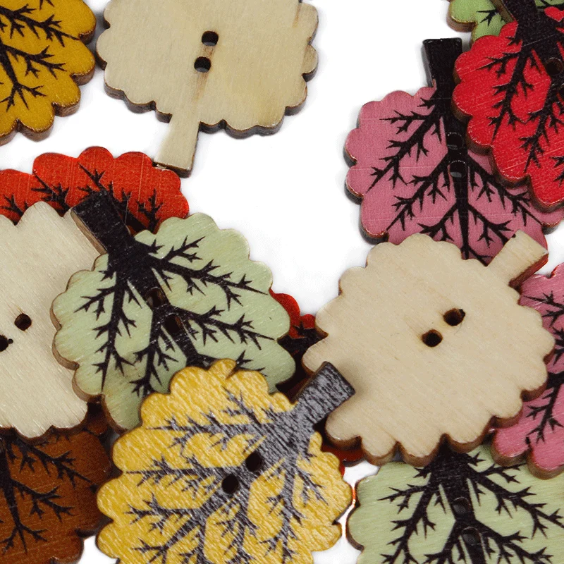 50pcs Leaves 2Hole Wooden Buttons Christmas for Child Sewing Scrapbook Clothing Decor Handwork Accessories Card DIY 32mm*25mm