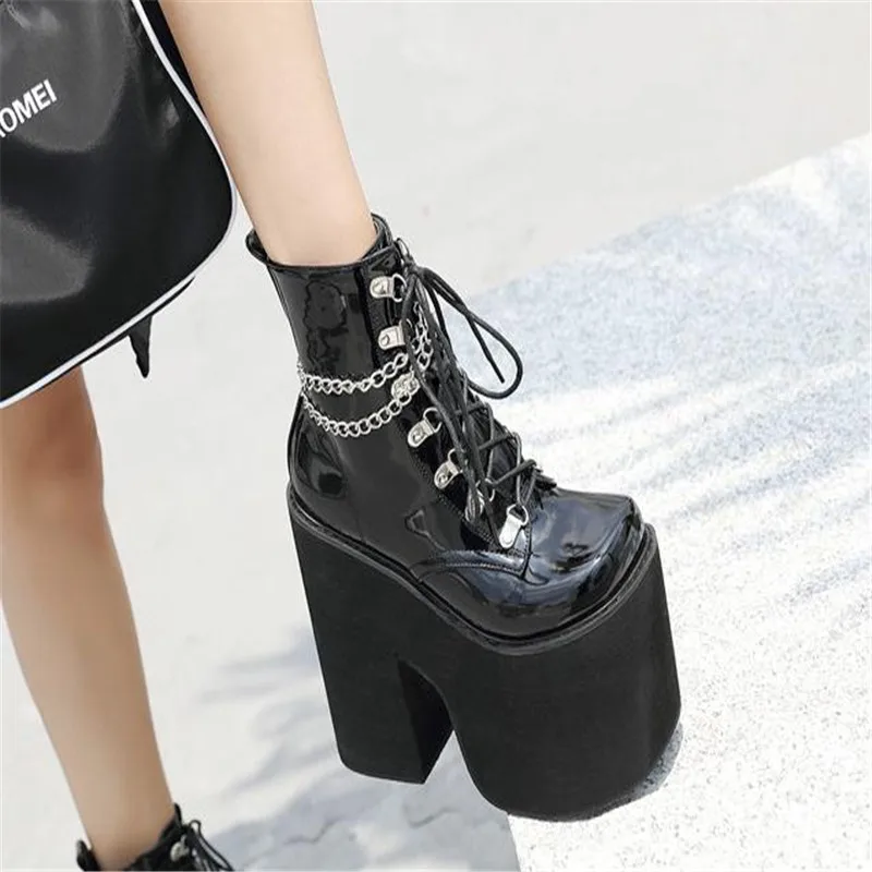 Height 17cm Nightclub Stage Ankle Booties Women Extreme Thick Platform Heel Gothic Punk Shoes Girls Sexy Chain Party Boot