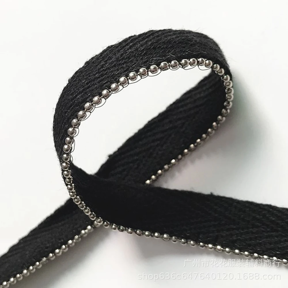 5Yards Gold Silver Beads Chain Trim Black Cotton Braided Webbing Piping Lip Cord Trim Sewing Garment Accessories Neckline Lace