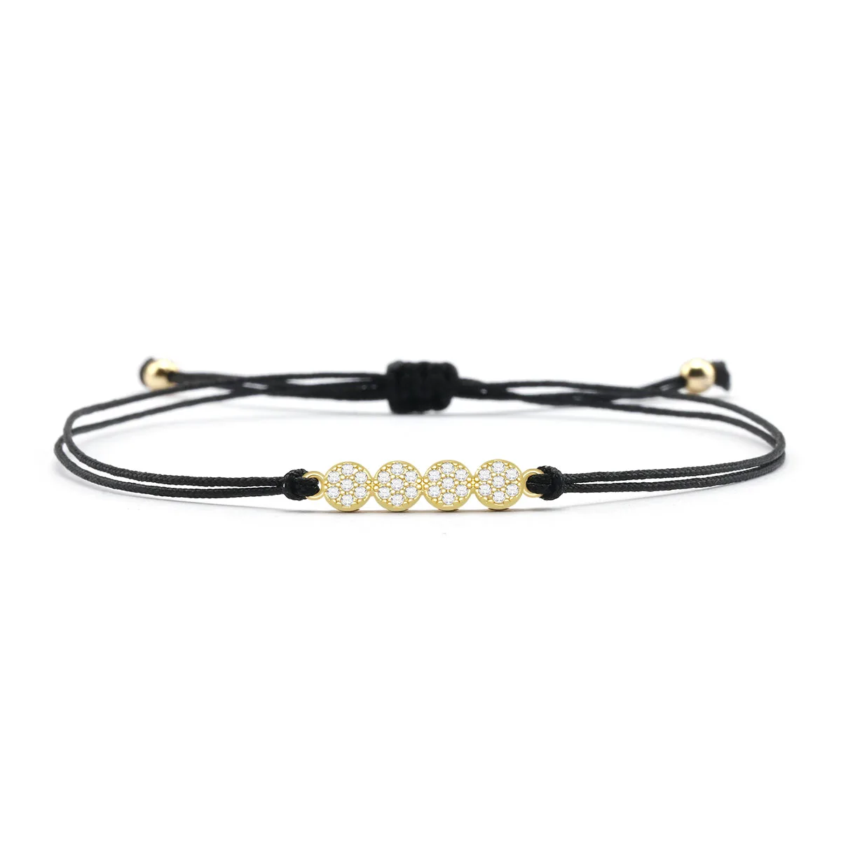 Gold Color Lucky 4 Circles Geometric Long Strip Charm Bracelet for Women Girl Red /Black Rope Cubic Zirconia Bangle Jewelry Gift