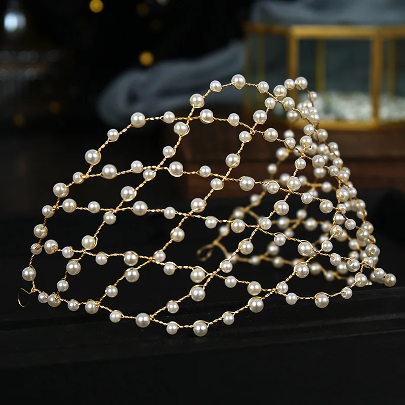 

Vintage Baroque Gold Pearls Tiaras Headbands Handmade Bridal Wedding Hair Accessories Hairbands Hair Vines Women Hair Jewelry