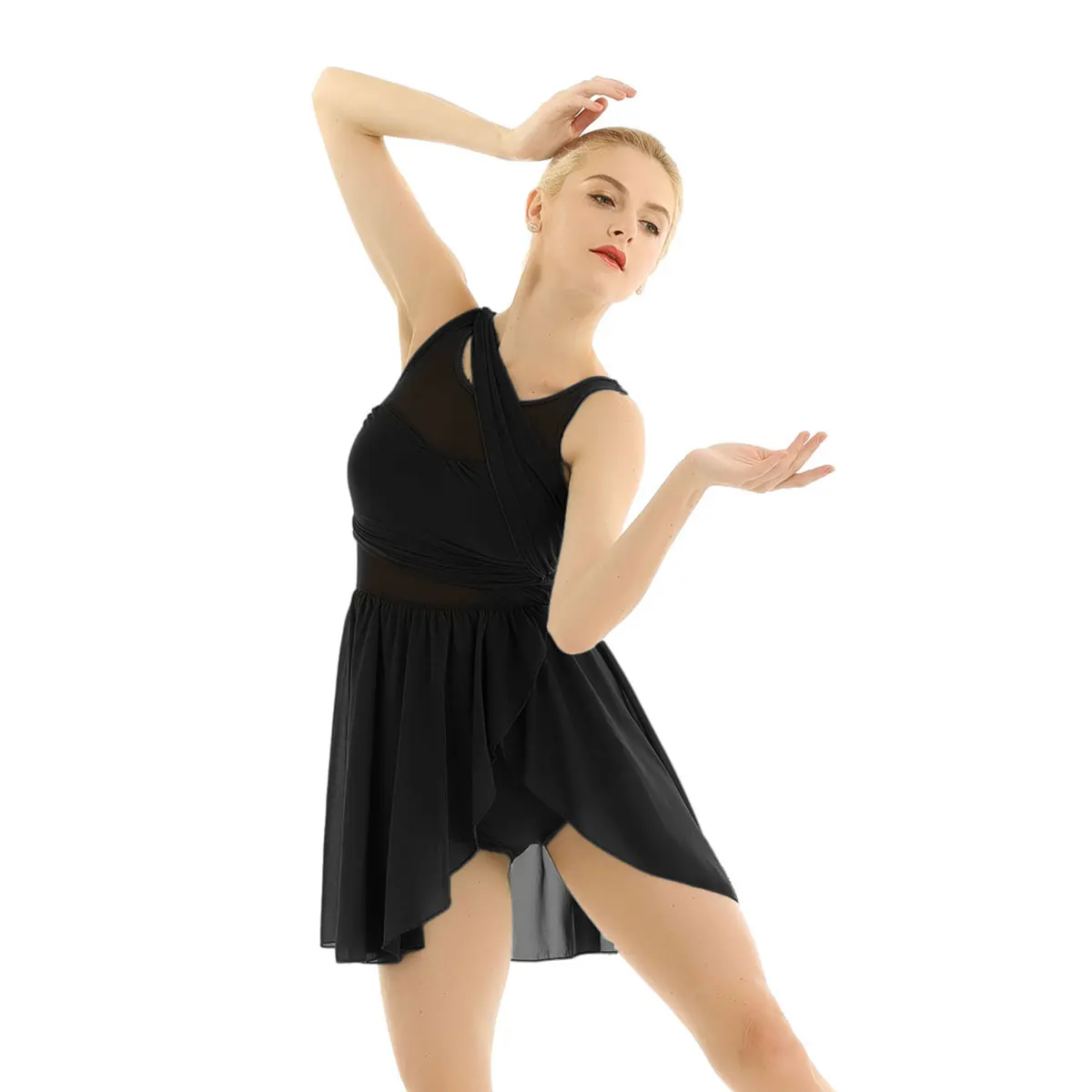 Womens Contemporary Ballet Tight Fitting Jumpsuit Dress Gymnastics Lyrical Dance Costume Sleeveless High Low Skirted Dresses