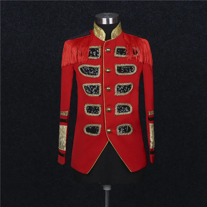 

Men's jacket palace red general uniform costumes 2021 new embroidery epaulettes fringed stand-up collar men's costumes