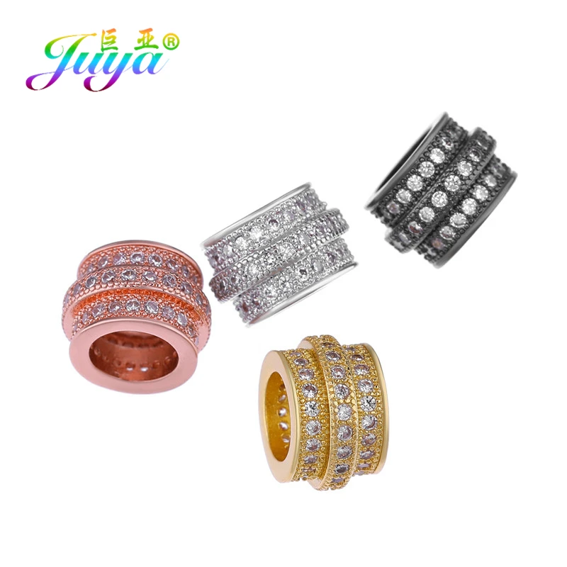 Juya DIY Metal Spacer Beads Supplies Micro Pave Champagne Zircon Big Hole Charm Beads For Handmade Natural Stone Jewelry Making