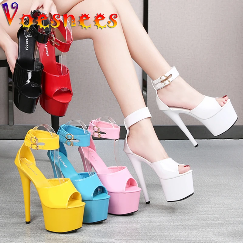 Voesnees Summer Sandals Women 2021 New Patent Leather Female Shoes Gladiator Thin Heels High Heels 17cm T-tied Pole Dance Shoes