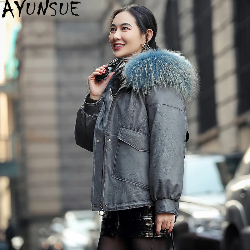 AYUNSUE Real Leather Jacket Women Down Jackets Short Sheepskin Coat Female Winter Parkas Raccoon Dog Fur Collar Abrigo Mujer