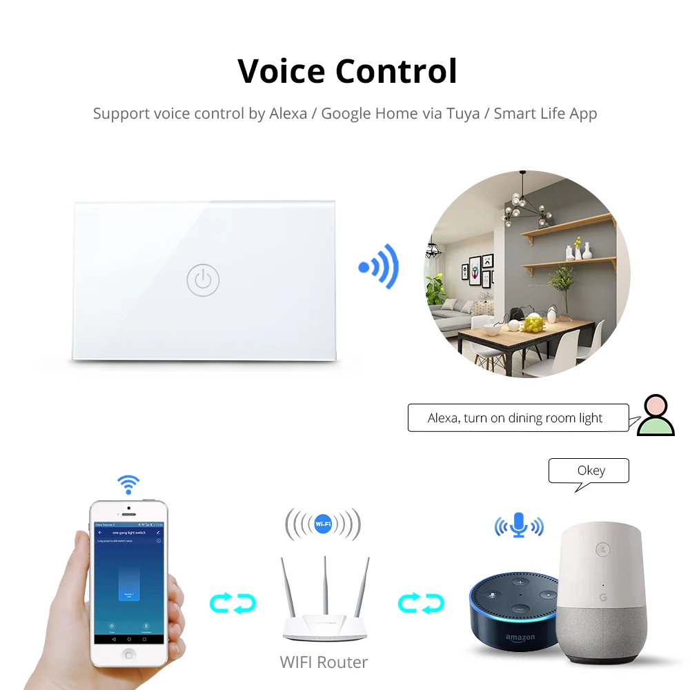 Zemismart US Tuya WiFi Light Switch No Neutral Wire 1 2 3 Gang  Alexa Google Home Assistant Smart Life Control 110V to 240V