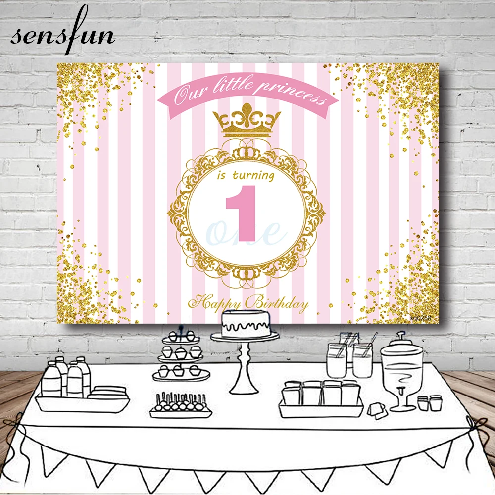 Kids 1st Birthday Party Photography Backdrop Gold Crown Stripe Customized Banner Family Shoot Photocall Background Photo Studio