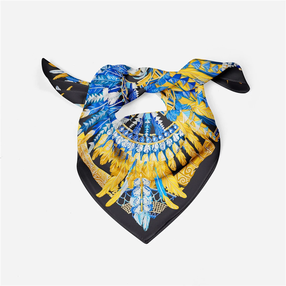 53cm Gorgeous Feather Print Square Scarf Women 2024 Design Brand Silk Scarf Bandana Luxury Headband Fashion Hijab Neckerchief