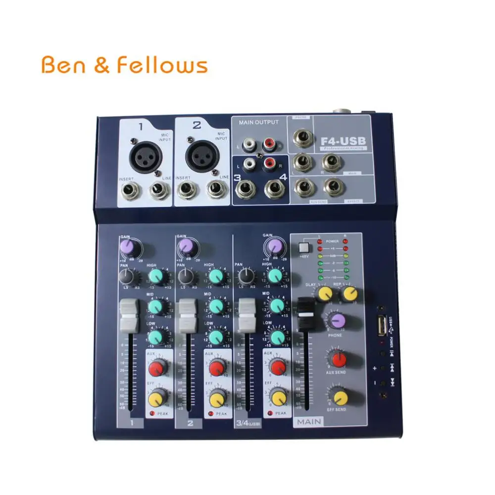 

Ben & Fellows Music Studio 4 Channel DJ Console Audio Mixer with 3-band channel equalizer and USB Plug 48V Karaoke Amplifier