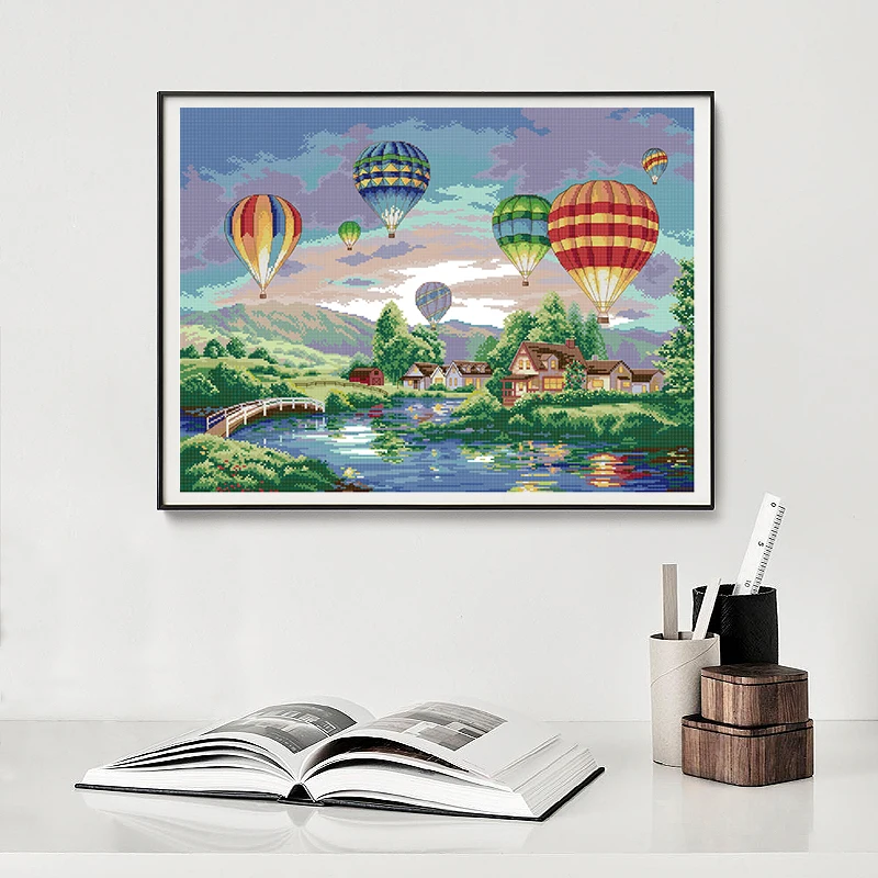 Joy Sunday Bright Hot Air Balloon Cross Stitch Embroidery Set Print and Count DMC Children DIY Needlework Set Home Decor Gift