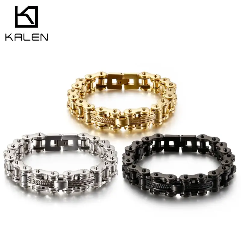 KALEN Bulgaria Bike Chain Bracelet Men Biker 22cm Stainless Steel Black Cable Wire Charm Armband Masculine Jewelry