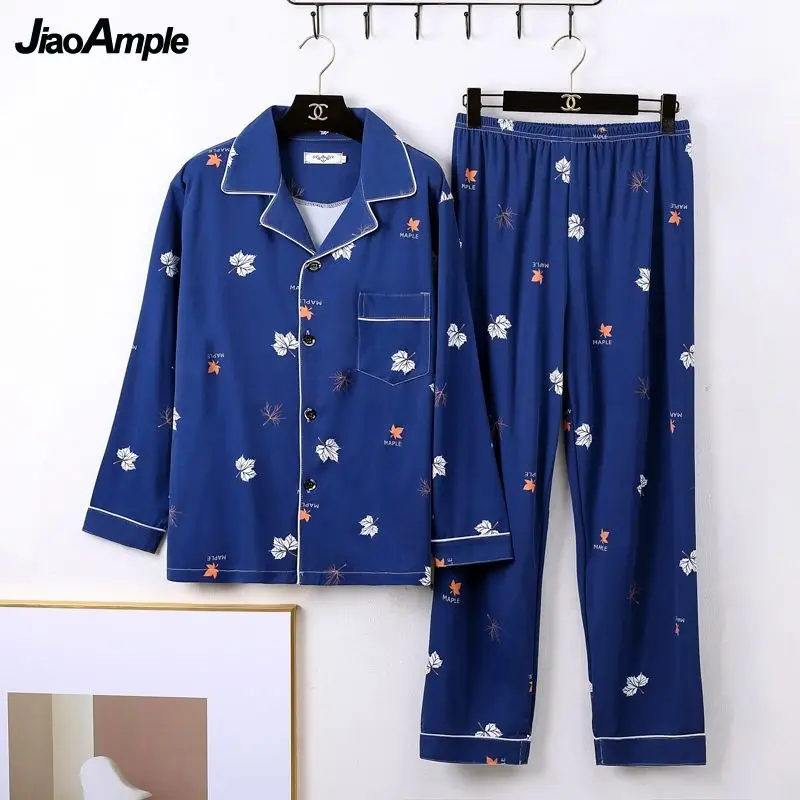 Pajamas Men's Long-sleeved Trousers Cotton Pijamas Two-piece Set 2021 Autumn New Printed Striped Plaid Nightwear Nightie Suit