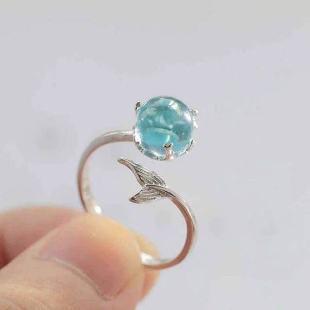 925 Sterling Silver Open Blue Crystal Mermaid Bubble Rings for Women Girls Gift Statement Jewelry Adjustable Finger Ring