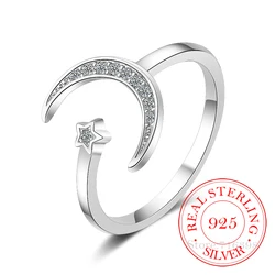 100% 925 Solid Real Sterling Silver Fine Jewelry Moon Star CZ Cocktail Opening Ring Sizable For Women Girl Gift
