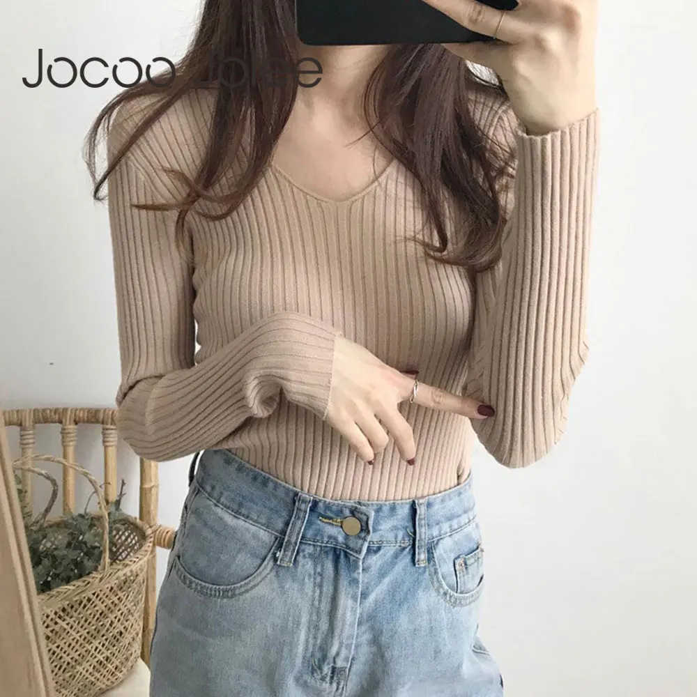 

Jocoo Jolee Women Elegant Solid V Neck Knitted Sweater Long Sleeve Simple Wild Slim Pullovers Korean Harajuku Knitting Tops