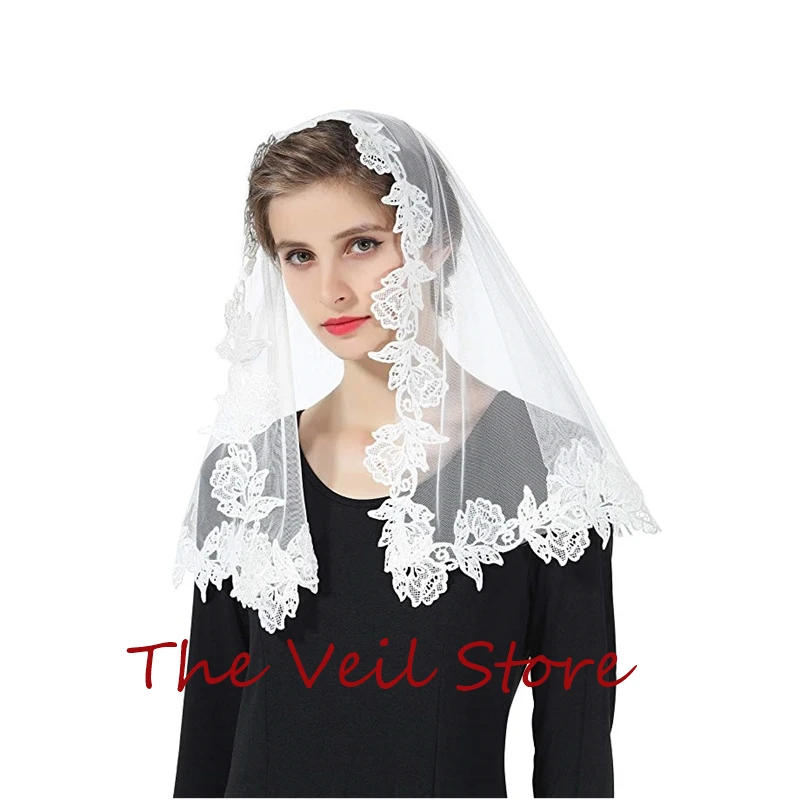 Women Small Mantilla Veils For Church Head covering Tulle Rose Appliques Catholic Chapel With small Clips Tradition Veils