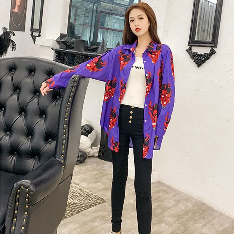 

Hot 2019 Cartoon Print Casual Shirt Loose Single-breasted hip hop streetwear Lapel Blouse Full Printing Long Sleeves Fashion