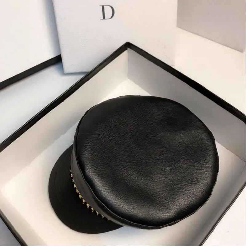 Autumn High Quality Black Leather Chain Octagonal Beret Hats for Women Navy Fashion Casual Retro Men\'s Winter Flat Peaked Cap