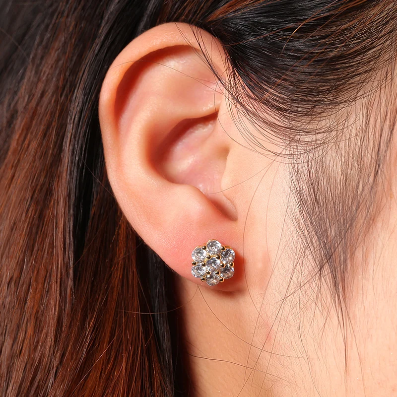 Hip Hop Claw Setting CZ Stone Bling Ice Out Plum Blossom Flower Stud Earring for Women Men Unisex Rapper Jewelry